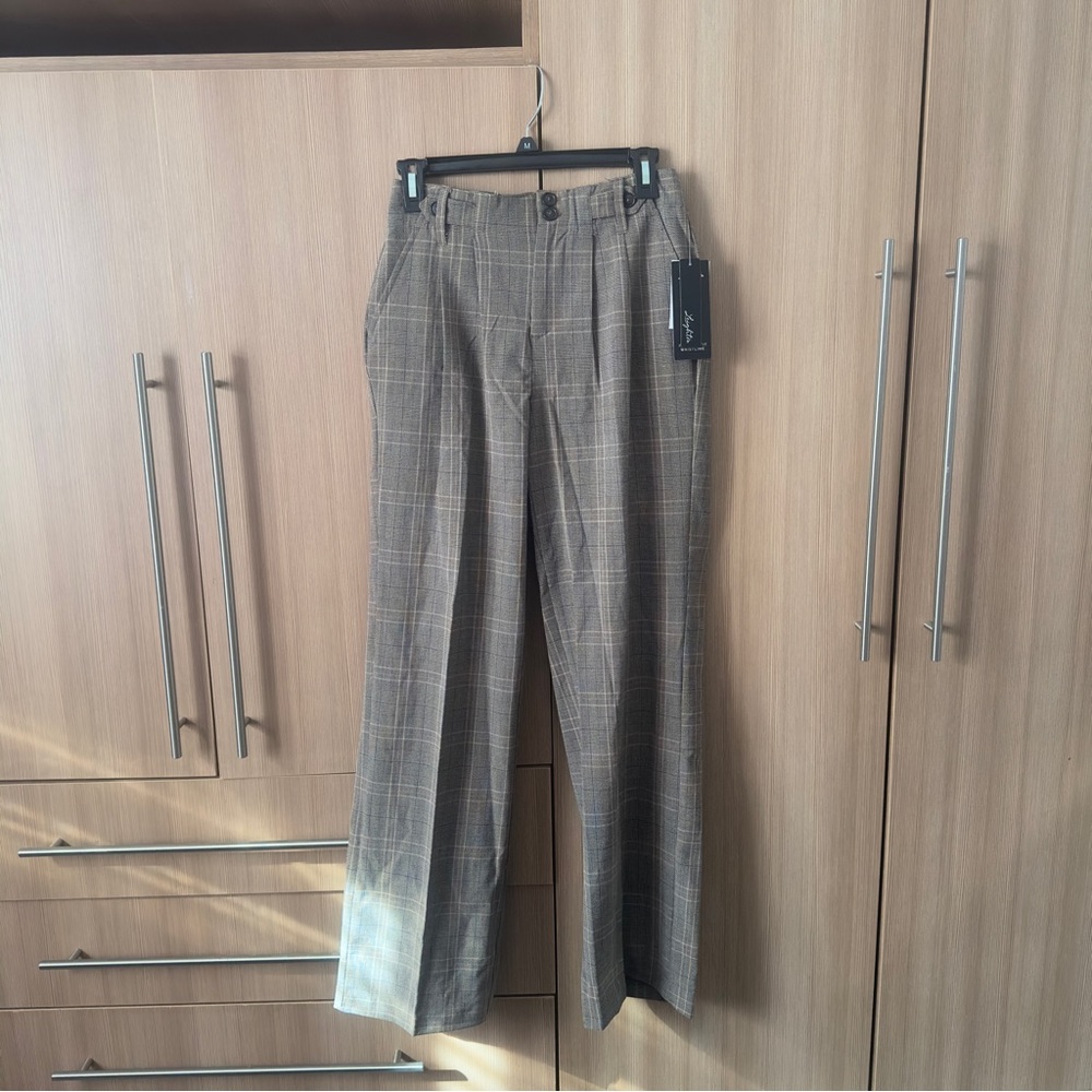 Elegant Tan Plaid Dress Pants